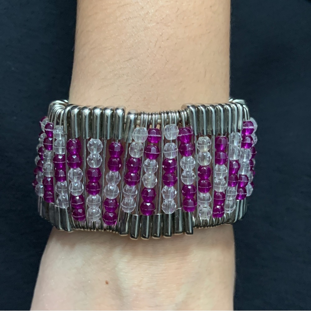 Purple beaded safety pin bracelet